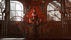 Dishonored: Death of the Outsider screenshot 3: A figure seated on an ornate throne in a red-lit hall