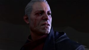 Dishonored: Death of the Outsider screenshot 4: A close-up of Daud, grey-haired and scarred, in shadow