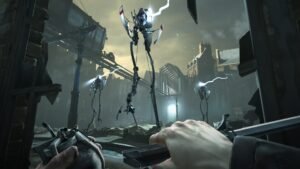 Dishonored Definitive Edition screenshot 2: A first-person view of Corvo with sword drawn as Tallboys stalk the street