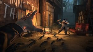 Dishonored Definitive Edition screenshot 3: A first-person view of Corvo summoning a swarm of rats in an alley