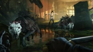 Dishonored Definitive Edition screenshot 4: A first-person view of Corvo facing wolfhounds in a flooded district