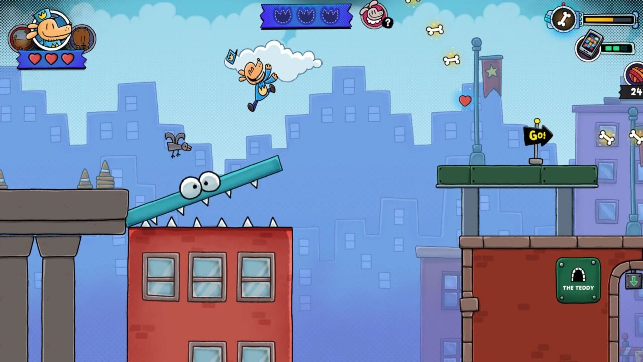 Dog Man: Bark in Action screenshot: Dog Man leaps between city rooftops past a blue crocodile-shaped ramp, collecting bones on the way to a Go sign