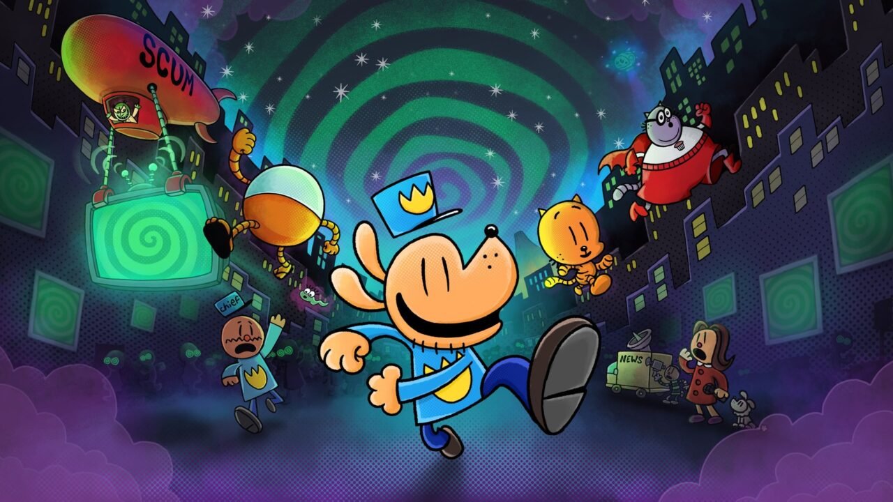 Dog Man: Bark in Action key art: Dog Man runs through a night-time city street with his Supa Buddies as Dr. Scum's airship carries a glowing Hypno Screen overhead