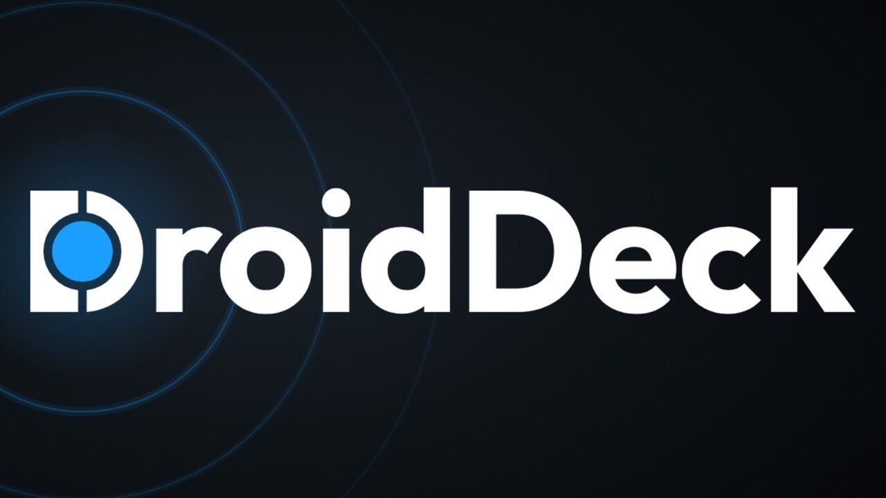The DroidDeck logo in white lettering on a dark background with a glowing blue orb and concentric rings