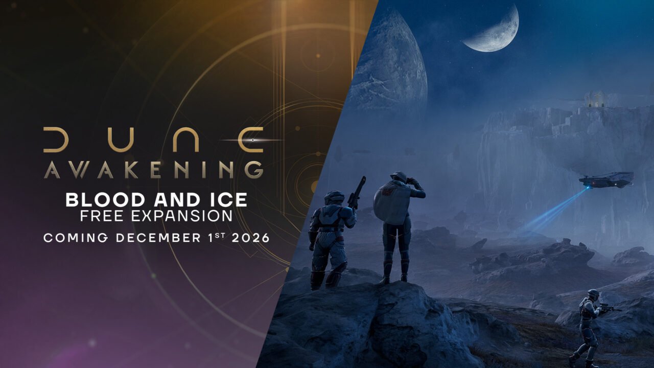 Dune: Awakening Blood and Ice key art showing armoured players on a rocky outcrop in the moonlit frozen north of Arrakis, with the text Blood and Ice Free Expansion Coming December 1st 2026