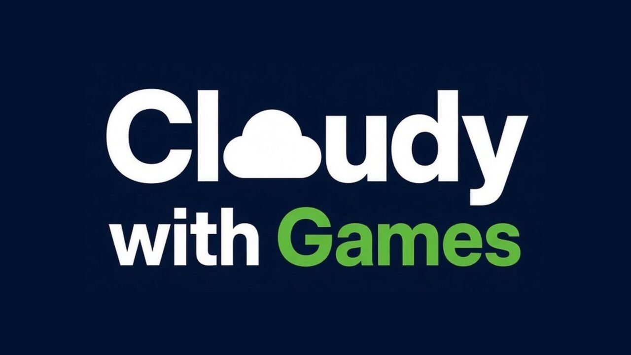 Cloudy With Games logo: white wordmark with green "Games" on a dark navy background