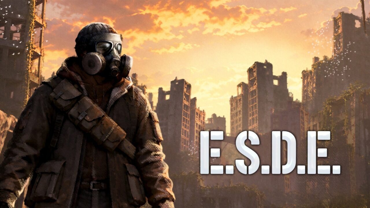 E.S.D.E. key art: a survivor in a gas mask and heavy coat stands among ruined, overgrown tower blocks under an orange sunset sky, with the E.S.D.E. logo on the right