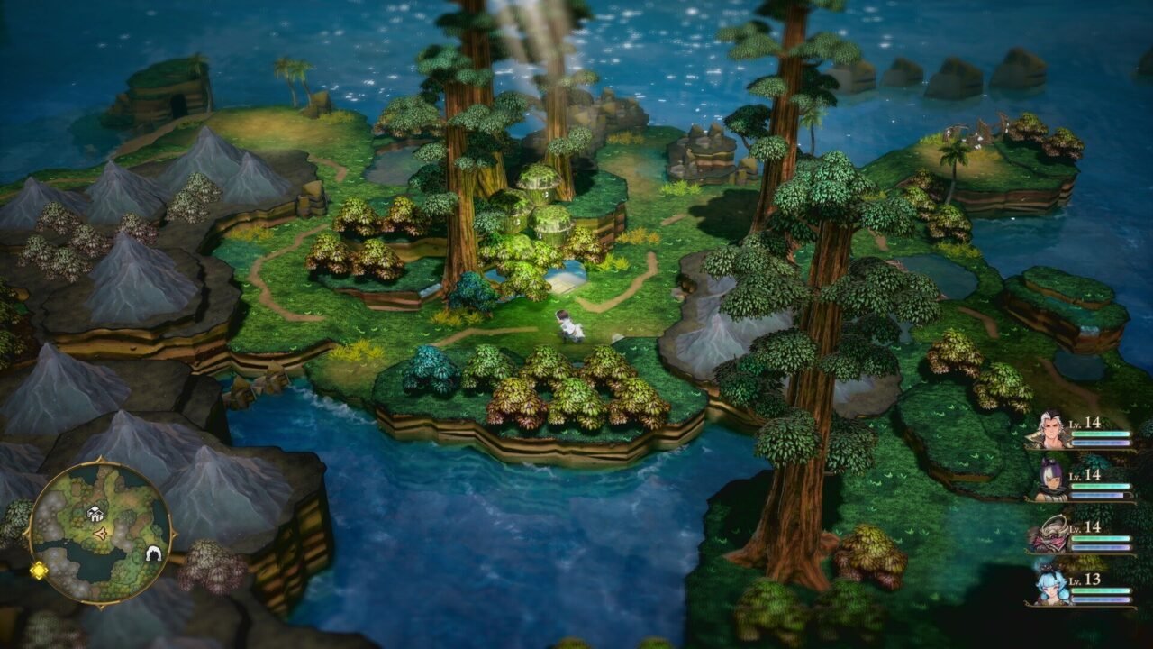 Eternal Anima screenshot: a party crosses a diorama-style world map of forested islands with giant trees, a minimap and party health bars on screen