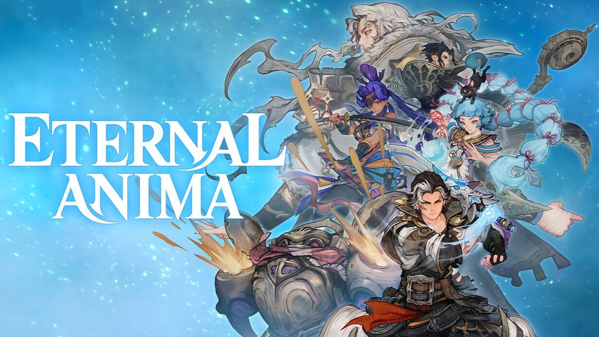 Eternal Anima key art: hero Wade with a glowing hand leads a party of companions, including a white-bearded elder, against a starry blue backdrop beside the logo