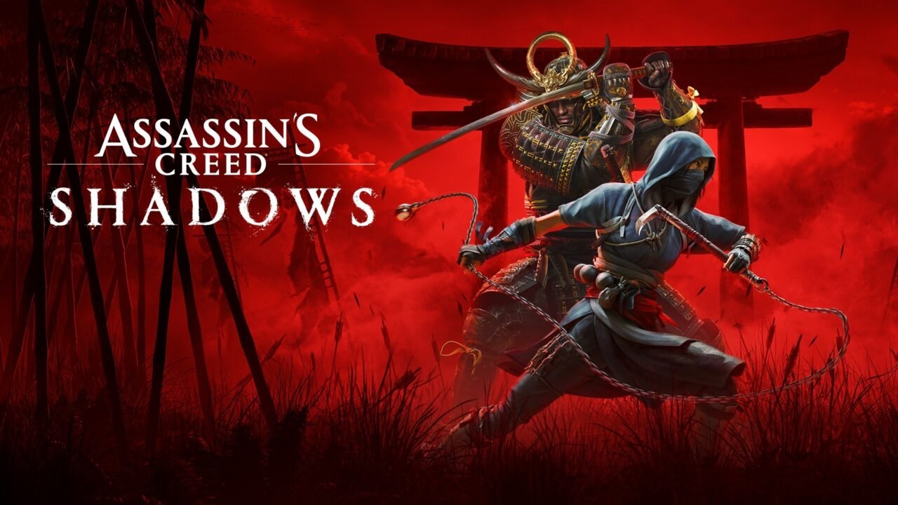 Assassin's Creed Shadows key art: Naoe leaping with a blade in front of Yasuke and a torii gate against a red sky, beside the Shadows logo