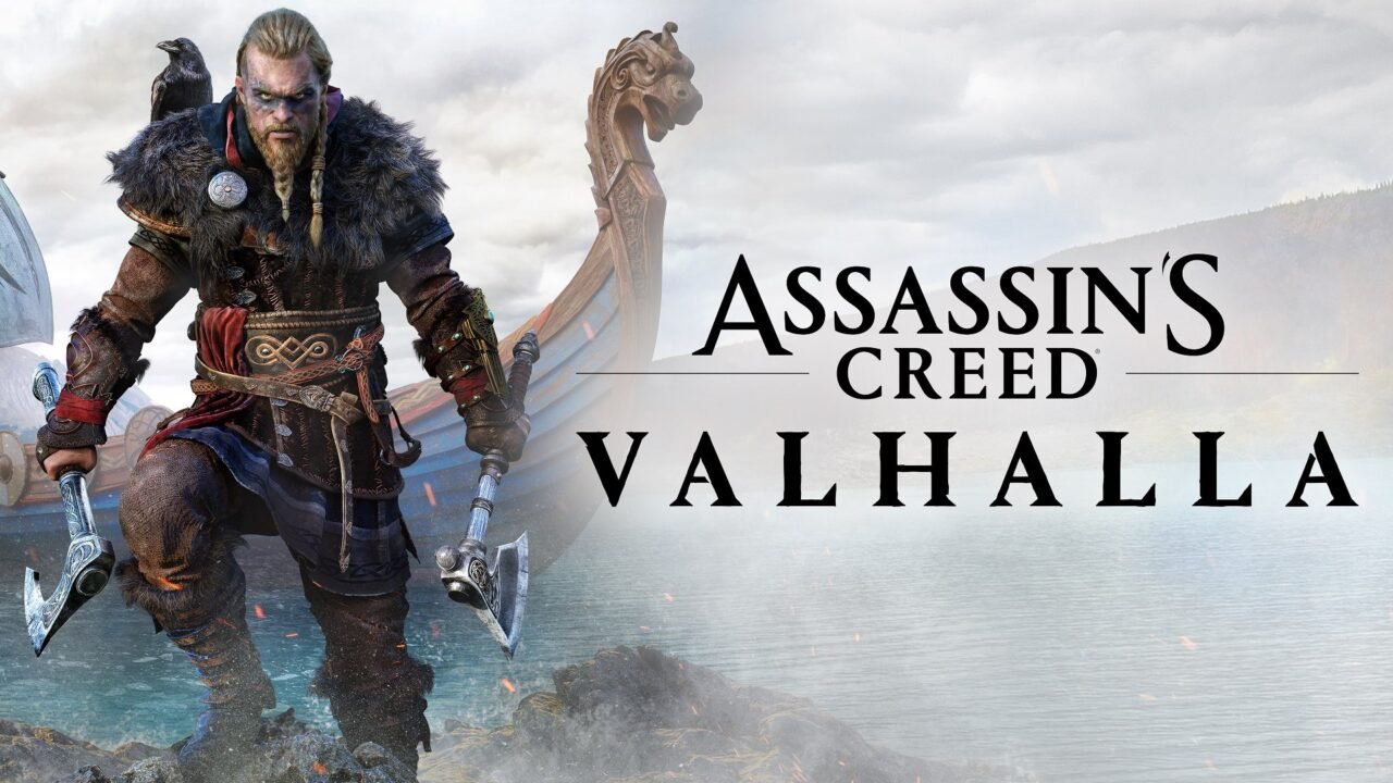 Assassin's Creed Valhalla key art: Eivor in furs and braids holding an axe beside a longship's carved prow, next to the Valhalla logo