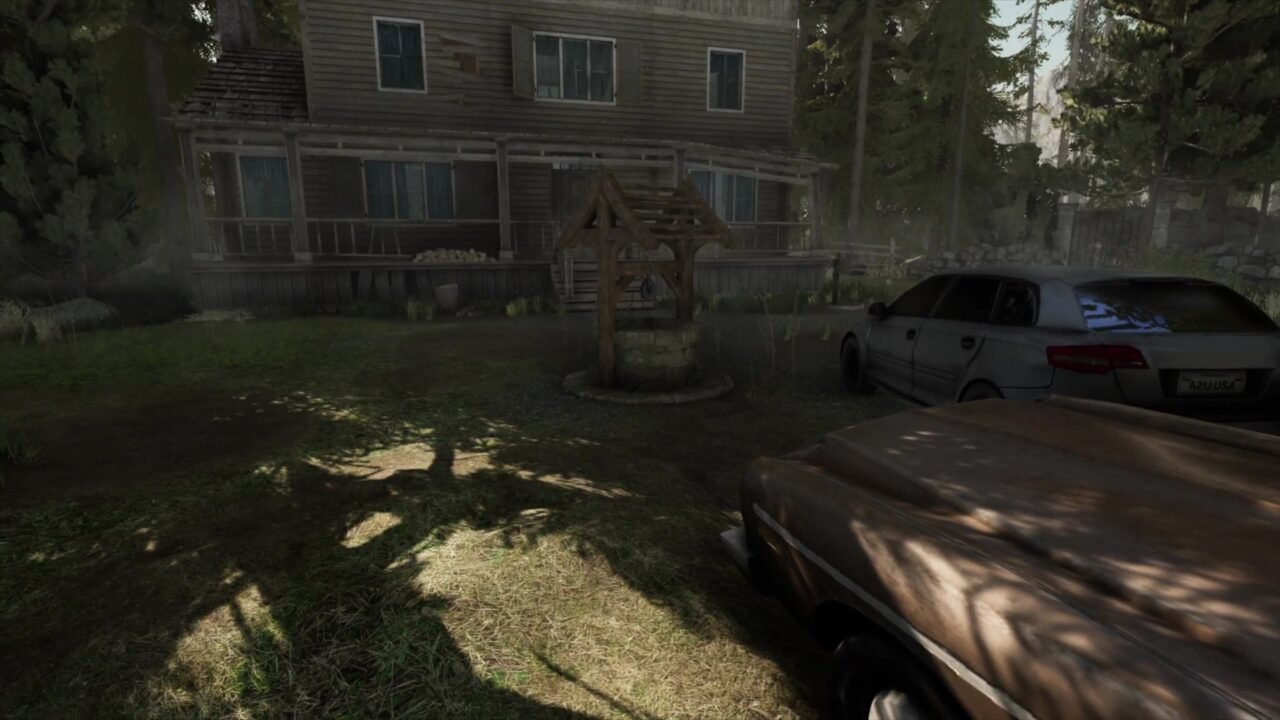 Beyond The Evil screenshot: a dark, overgrown driveway leading to an isolated house with parked cars