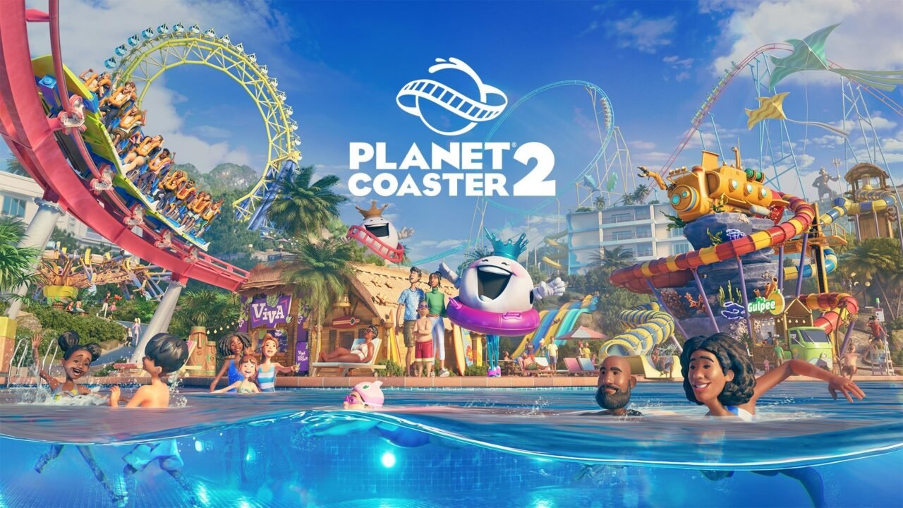 Planet Coaster 2 key art: the game logo above guests swimming in a park pool, with looping rollercoasters and water slides behind