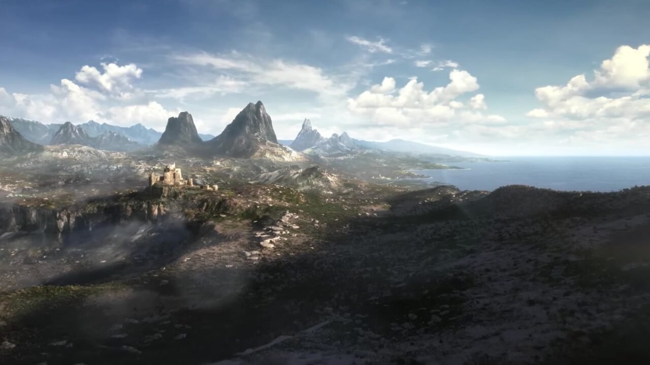 Coastal landscape of jagged mountains, cliffs and a ruined structure from The Elder Scrolls VI E3 2018 teaser