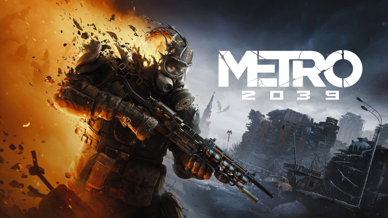 Metro 2039 key art: a soldier in a gas mask and armour holding a rifle in front of a burning explosion, with the Metro 2039 logo over ruined Moscow