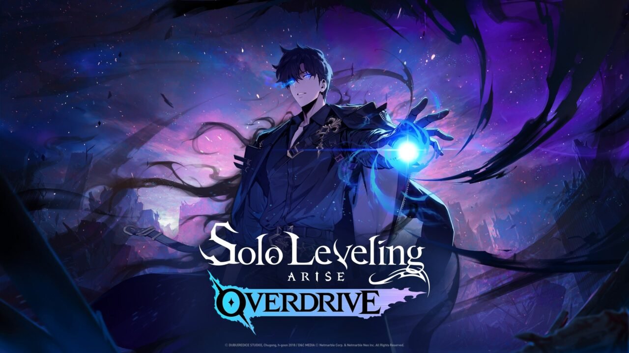 Sung Jinwoo surrounded by swirling shadow energy against a purple sky, with the game's logo