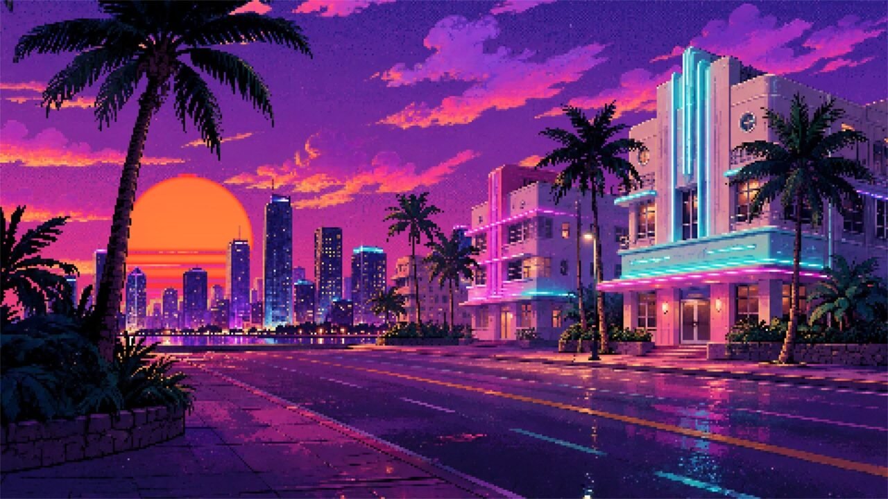 A neon-lit Miami street at sunset with palm trees and art deco buildings