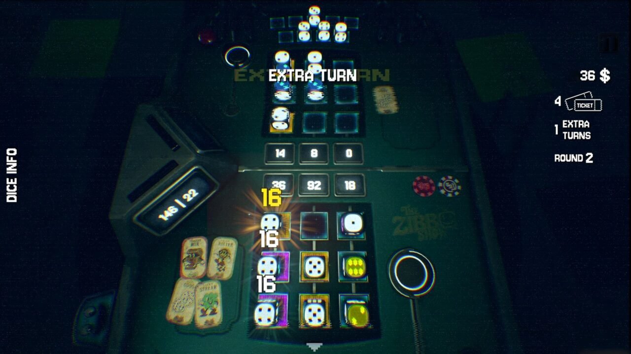 The Zibbo Show screenshot: illustrated cards fanned out above a green game table with dice and a score readout