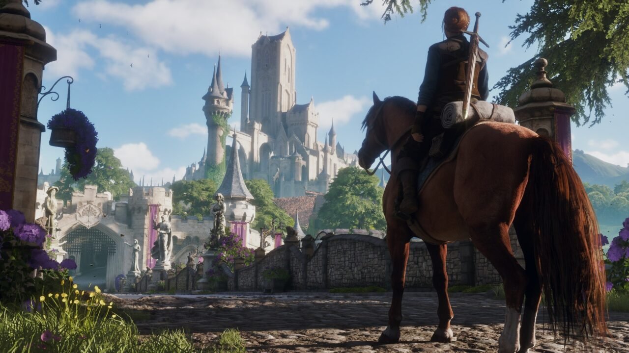 Fable screenshot: a Hero on horseback rides along a flower-lined road towards the towers of Bowerstone Castle