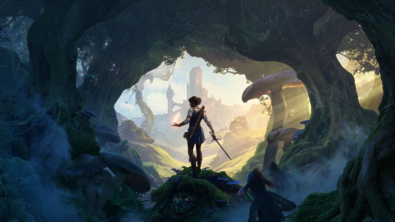 Fable key art: a Hero with a sword and glowing hand stands on a mossy rock in a forest of giant trees and mushrooms, looking out towards a castle