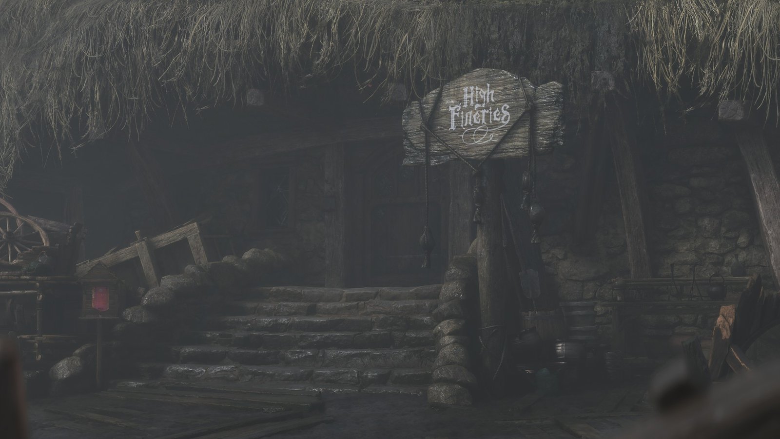 Fable: High Fineries Fable screenshot: stone steps lead up to the High Fineries shop under a heavy thatched roof with a hanging wooden sign