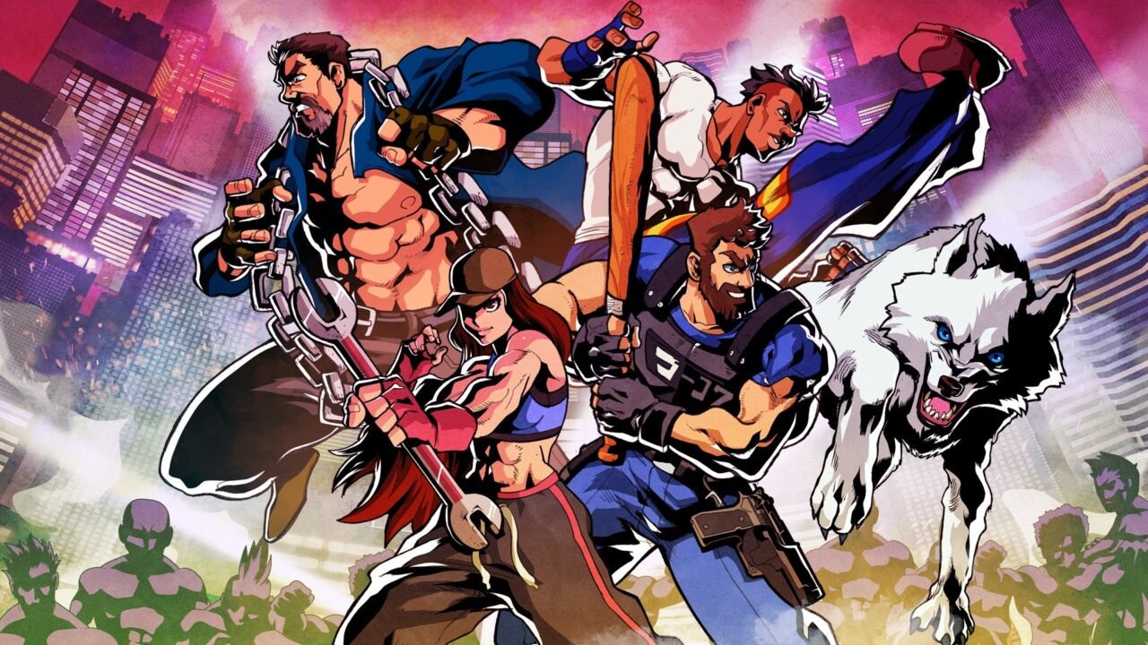 Fallen City Brawl key art: four comic-style brawlers and a snarling white wolf charge forward against a neon city skyline