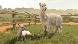 Farming Simulator 25: Beans & Alpacas Edition screenshot: two alpacas beside a wooden fence