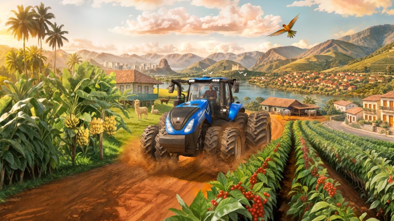 Farming Simulator 25 Beans & Alpacas key art: a blue New Holland tractor drives along a red dirt track between coffee and banana plants, with a town and mountains behind
