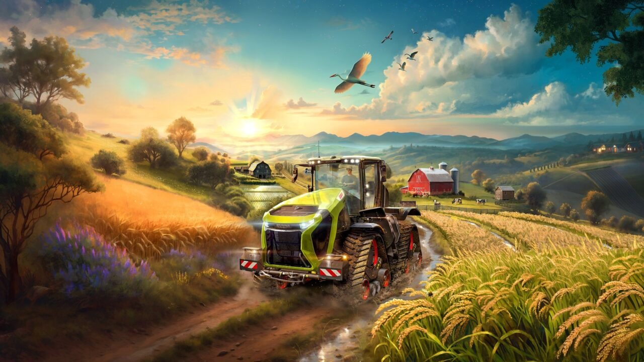 Farming Simulator 25 key art: a green tractor drives along a dirt track past golden crop fields towards a red barn at sunset