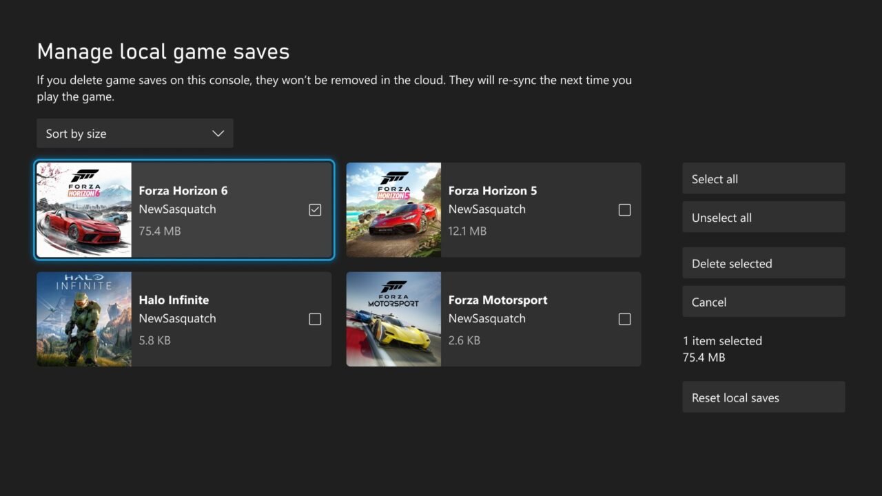 Xbox Manage local game saves screen sorted by size, showing saves for Forza Horizon 6, Forza Horizon 5, Halo Infinite and Forza Motorsport