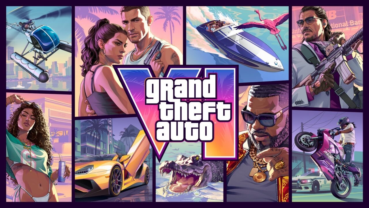 Grand Theft Auto VI key art: the GTA VI logo surrounded by scenes from Vice City and Leonida
