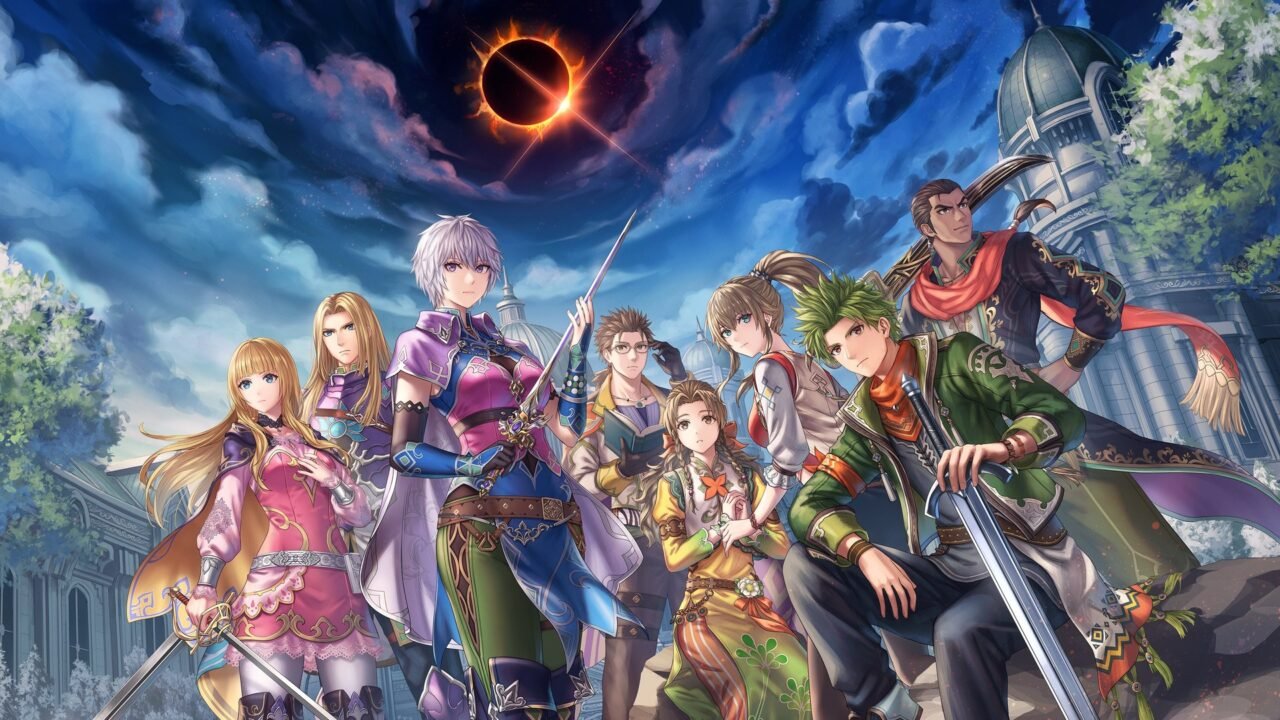 Key art for Romancing SaGa 3: Destinies United showing the eight heroes in front of a dark eclipse