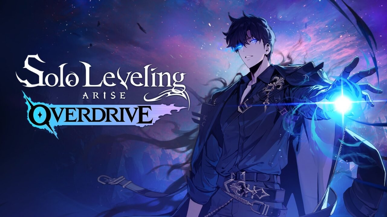 Sung Jinwoo in a dark coat with glowing blue eyes and shadow energy, beside the Solo Leveling ARISE OVERDRIVE logo