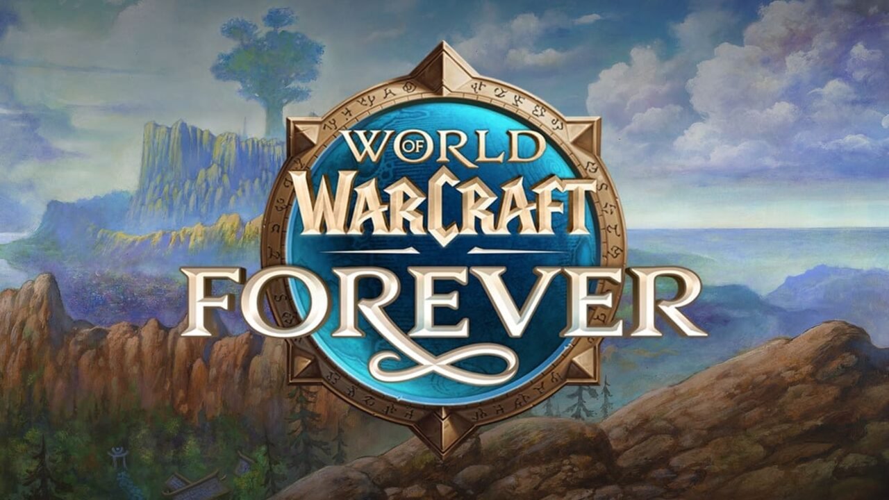World of Warcraft: Forever logo over painted Azeroth landscape with cliffs and a giant tree on the horizon