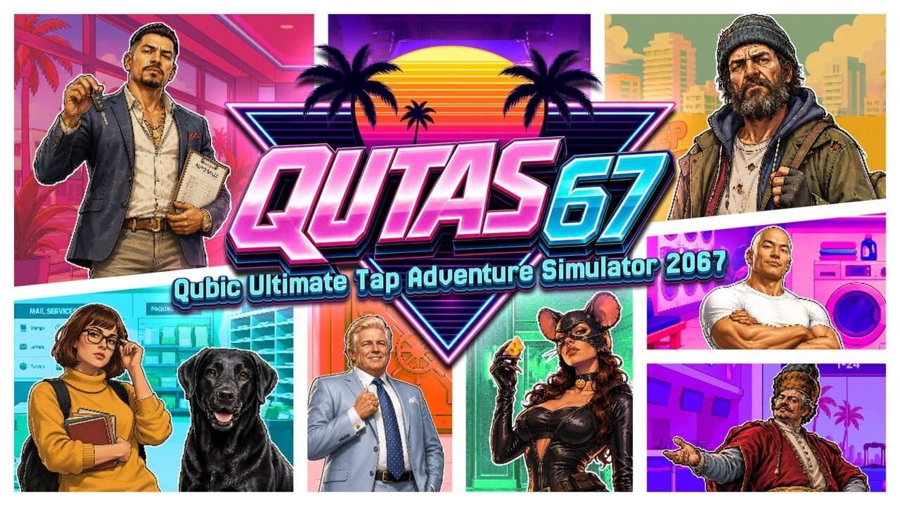 The neon QUTAS67 logo surrounded by character panels including a man in a suit, a woman with sunglasses, a dog and the Mona Lisa