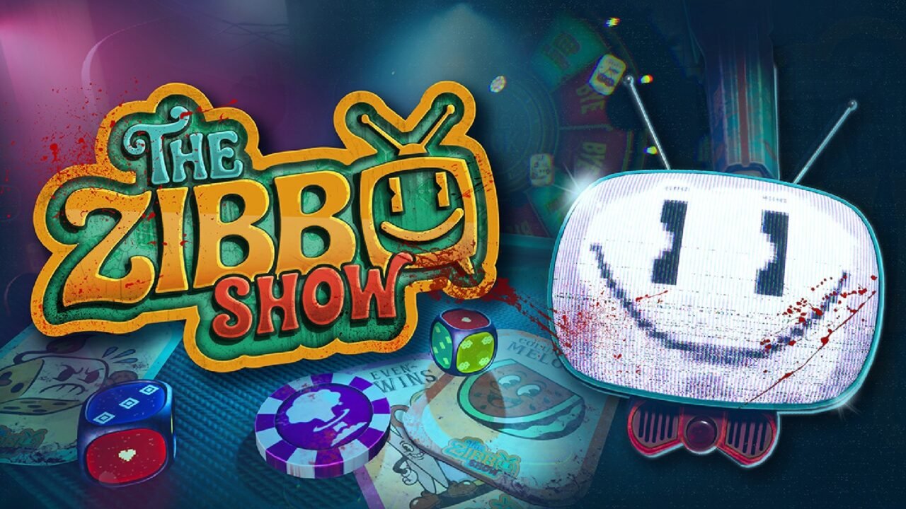 The Zibbo Show key art: a grinning TV-headed host beside the neon Zibbo Show logo, surrounded by dice and casino chips