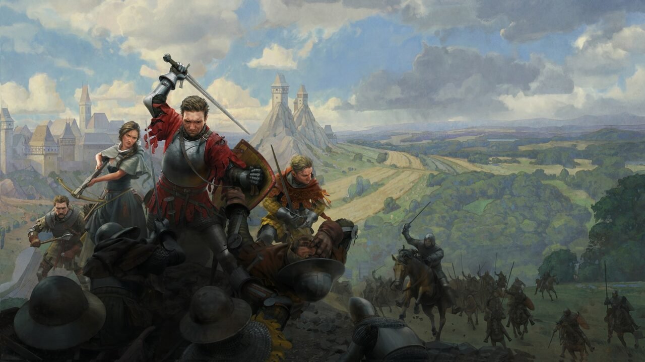 Key art for Kingdom Come: Deliverance II showing armoured fighters and riders in front of a medieval town and countryside