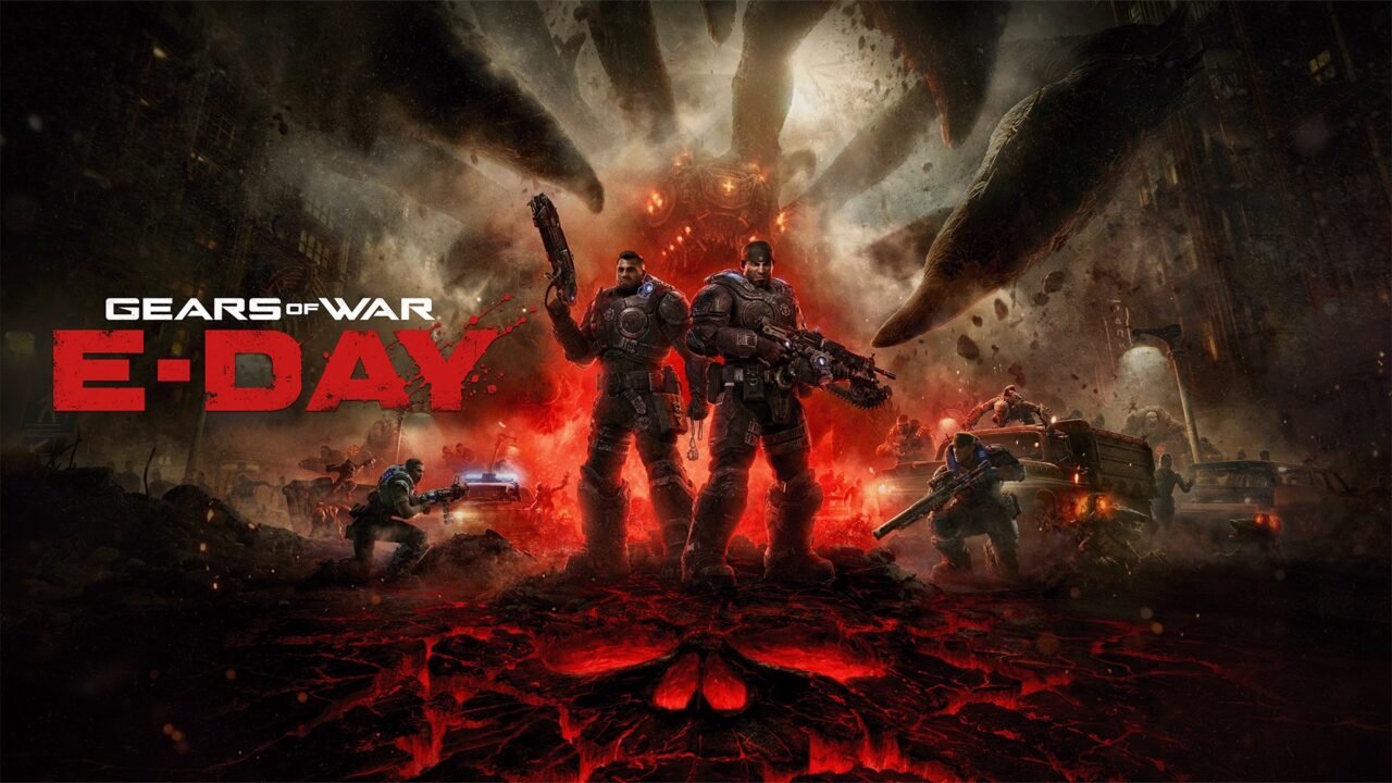 Gears of War: E-Day key art showing Marcus Fenix and Dom Santiago in front of the emerging Locust Horde