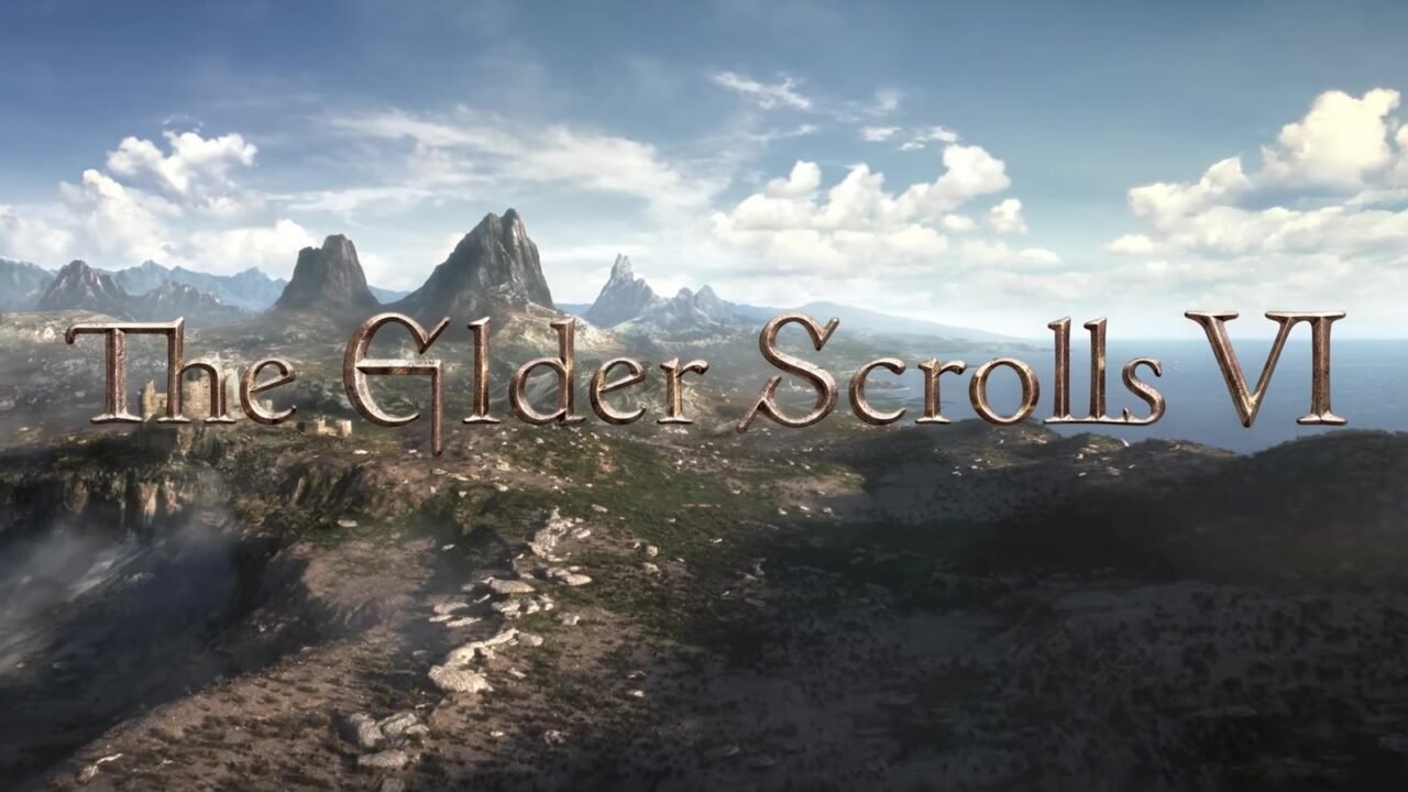 The Elder Scrolls VI logo over a coastal landscape of mountains and cliffs from the E3 2018 teaser