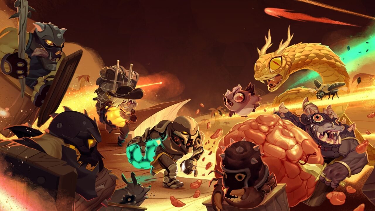 BALL x PIT key art showing a band of heroes and monsters charging through an orange, fiery sky
