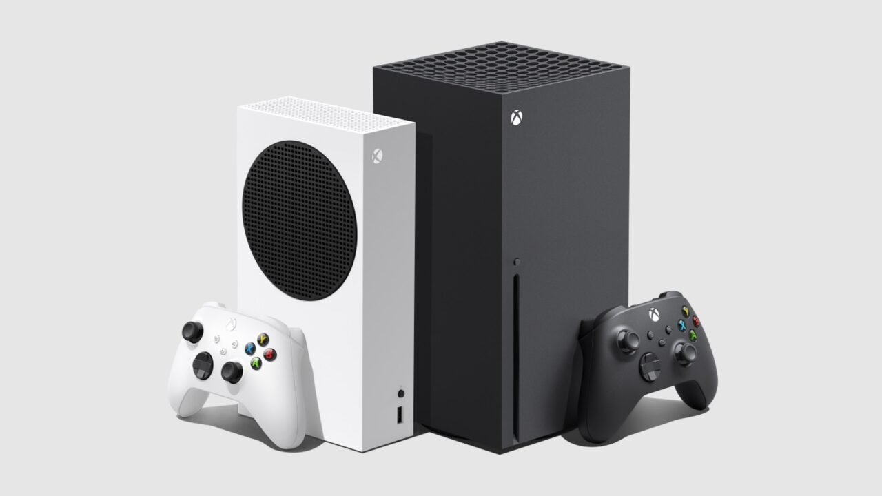 Xbox Series S in white and Xbox Series X in black, each with a matching wireless controller, on a light grey background