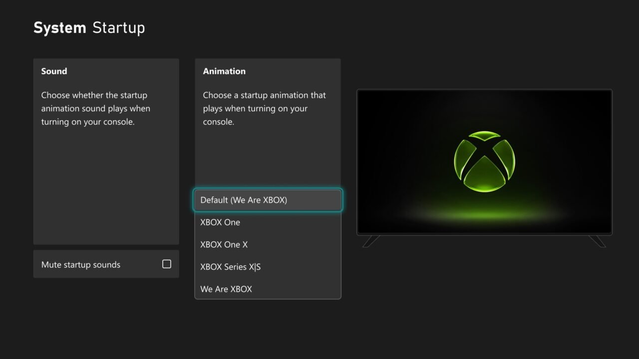 Xbox System Startup settings screen listing startup animations: Default (We Are Xbox), Xbox One, Xbox One X, Xbox Series X|S and We Are Xbox
