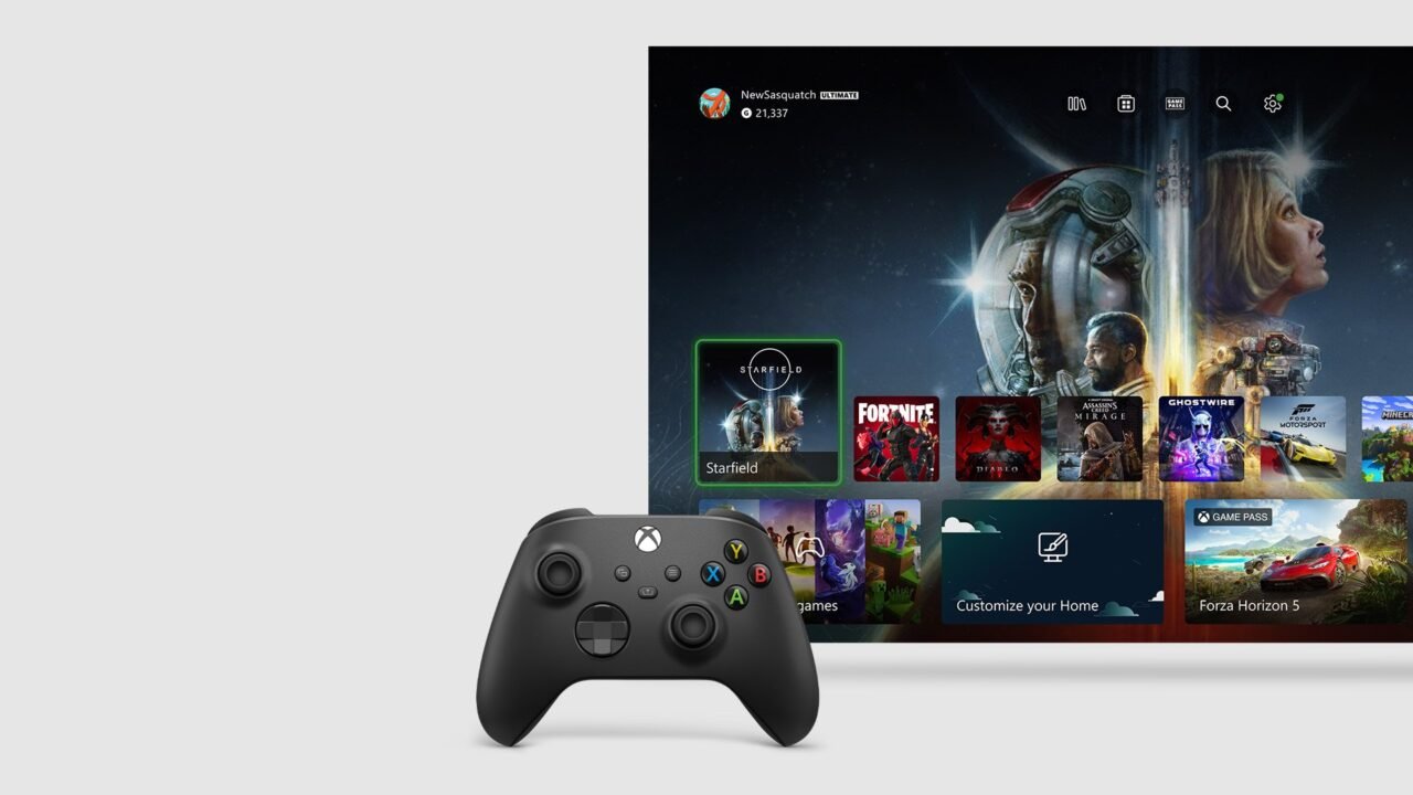 Xbox Series X|S Home screen on a TV next to a black Xbox Wireless Controller