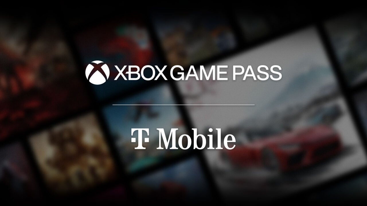 Xbox Game Pass and T-Mobile logos over a blurred wall of game artwork