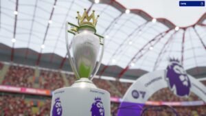 Football Manager 26 screenshot: The Premier League trophy on display in a stadium