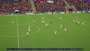 Football Manager 26 screenshot: A 3D match in progress on a sunlit pitch