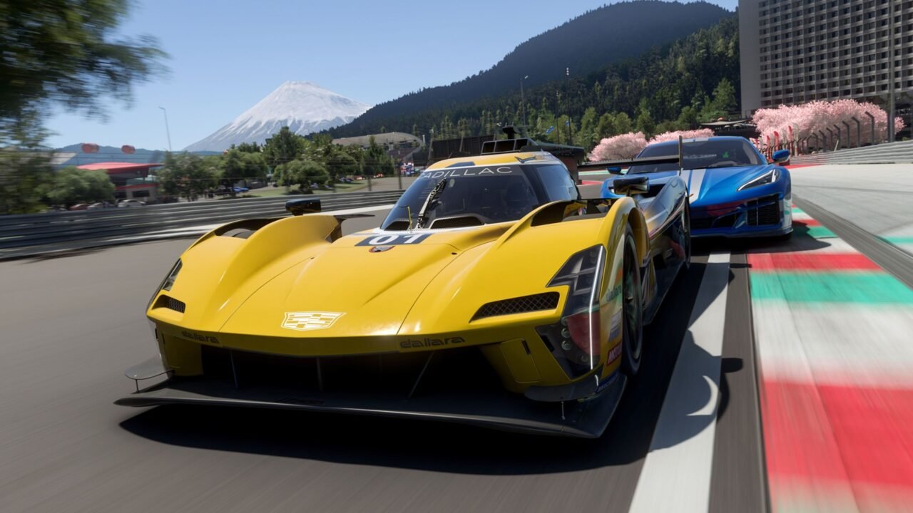 Forza Motorsport key art: a yellow Cadillac prototype racer leads a blue sports car on a circuit beneath a snow-capped mountain