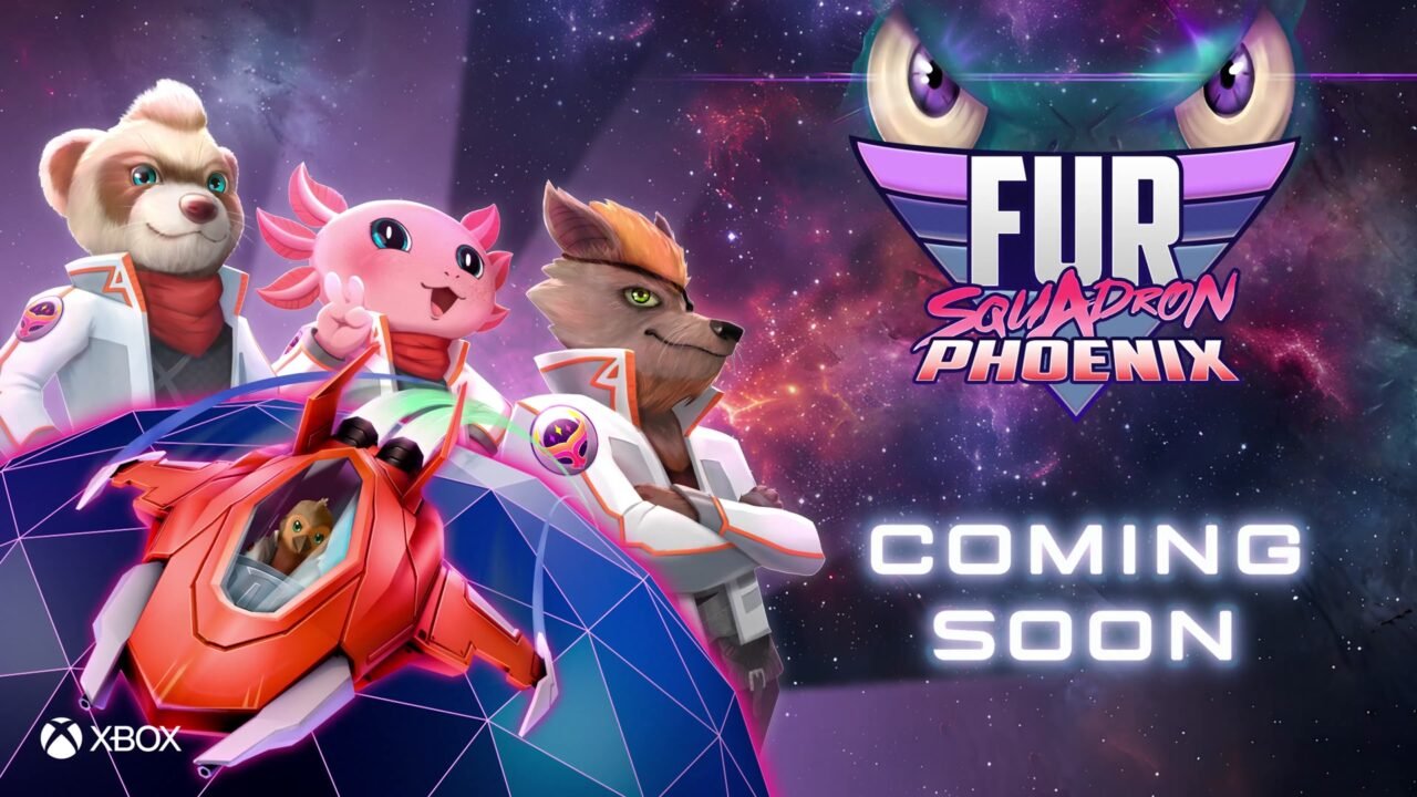 FUR Squadron Phoenix key art showing three animal pilots and a red fighter ship beside the game logo, an Xbox logo and a Coming Soon card