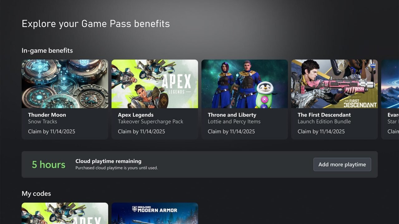 Xbox Game Pass benefits screen showing in-game perks and a cloud playtime remaining counter with an Add more playtime button