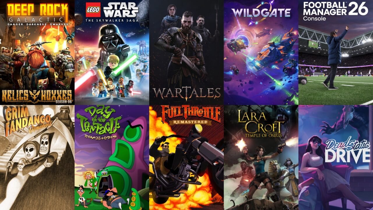 Box art for Deep Rock Galactic, LEGO Star Wars: The Skywalker Saga, Wartales, Wildgate, Football Manager 26 Console, Grim Fandango Remastered, Day of the Tentacle Remastered, Full Throttle Remastered, Lara Croft and the Temple of Osiris and Dead Static Drive in a grid